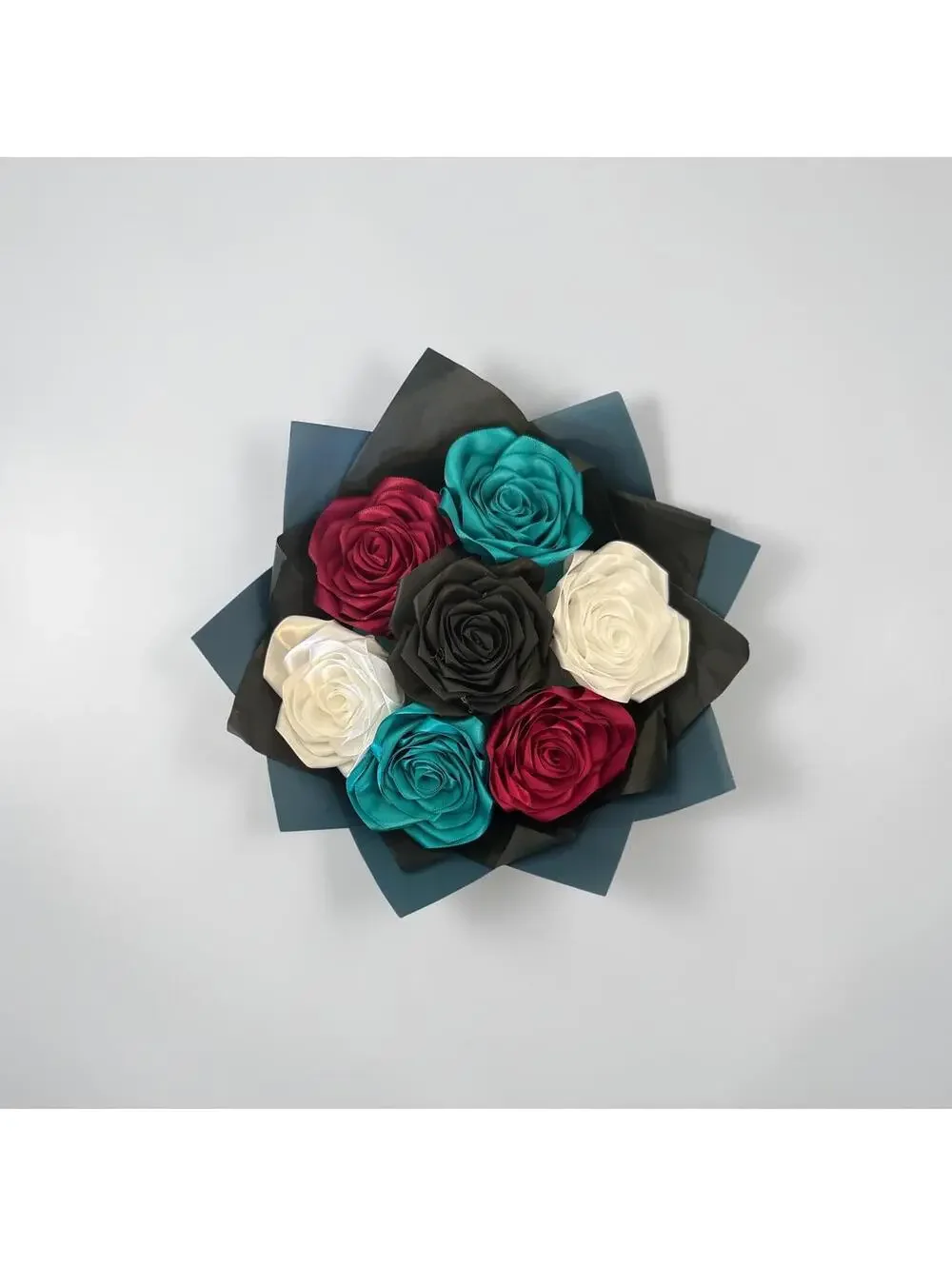 Handmade Satin Rose Bouquet in Teal, Burgundy, Black, and Cream